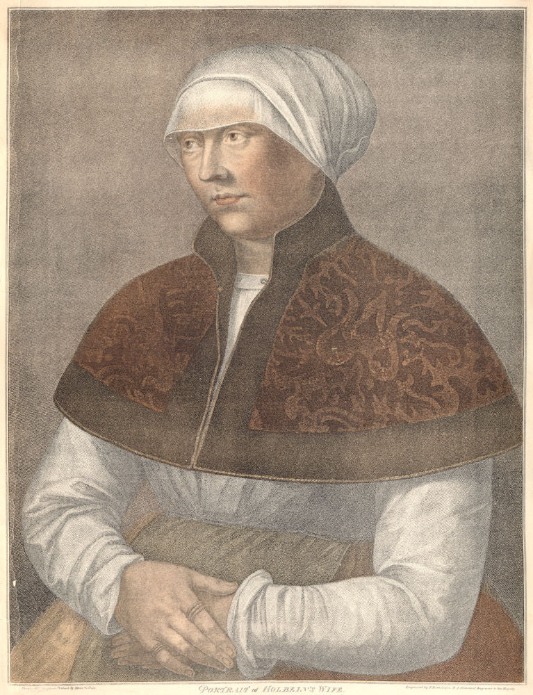Portrait of Holbein's wife by Bartolozzi after Holbein. Henry VIII's court 1884